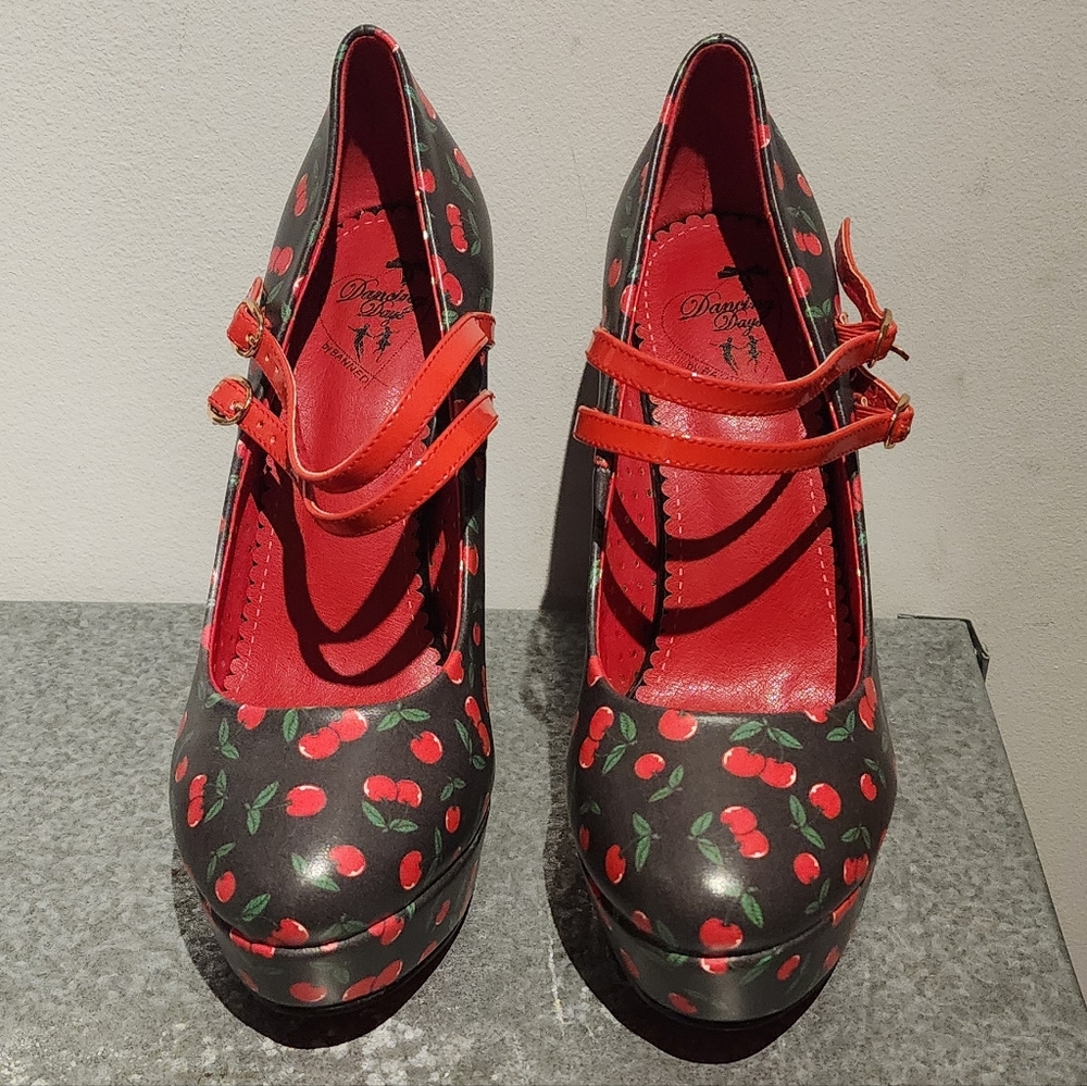 Retro Pin-Up Cherry Print Double Strap Heels by Banned Dancing Days - Picture 2 of 10
